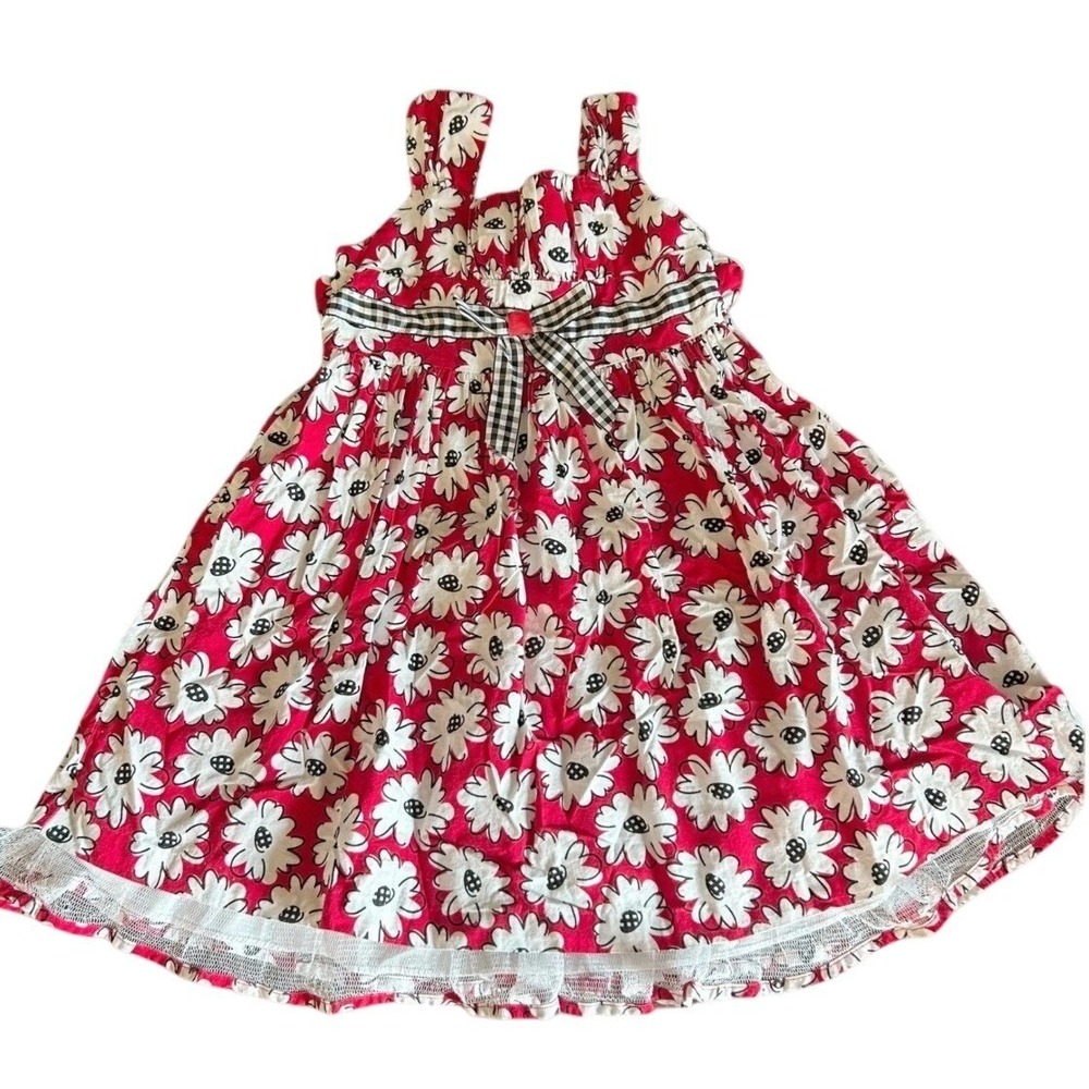 Ashley Ann Floral Dress Girls 5 Red Daisy Gingham Bow‎ Tulle Trim Retro Summer